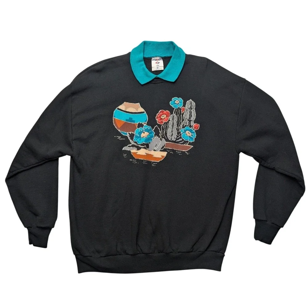 Vintage Jerzees Sweatshirt Unisex XL Black‎ Teal Southwestern Cactus